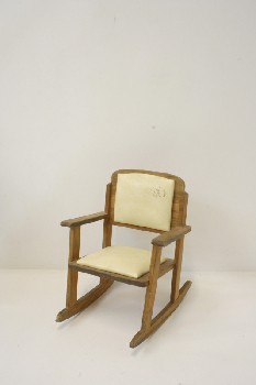 Chair, Child's, MINIATURE / SMALL ROCKER, CREAM VINYL CUSHION, VINTAGE, WOOD, BROWN
