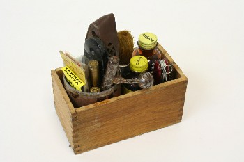 Decorative, Dressed Box, PERSONAL ITEMS, BOTTLES, BULLETS, UTILITY KNIFE, WOOD, BROWN