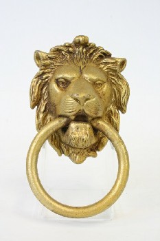 Hardware, Knocker, DOOR KNOCKER,GOLD COLOURED LION HEAD W/RING IN ITS MOUTH, AGED , METAL, GOLD