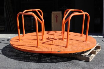 Playground, Miscellaneous, MERRY-GO-ROUND / ROUNDABOUT (REAL), PERFORATED SPINNING DISC W/4 HANDLE / LEAN BARS, VERY HEAVY - Paint Colour & Condition May No Longer Be Identical To Photo. This Item May Be Painted. Does Not Come Apart. 5 To 6 People Can Move. Need 5 Tonne For Transport., METAL, ORANGE