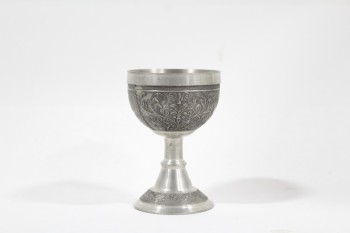 Drinkware, Goblet, ROUND BASE & CUP,ORNATE RELIEF, PEWTER, SILVER