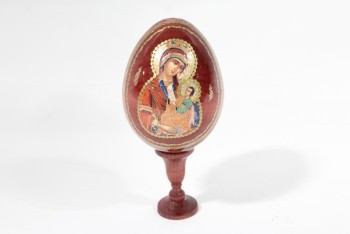 Religious, Miscellaneous, JESUS, VIRGIN MARY/MADONNA, ORNATE EASTER EGG ON WOOD STAND, Condition Not Identical To Photo, WOOD, BURGUNDY