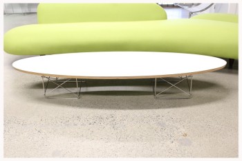Table, Coffee Table, ELLIPTICAL, OVAL, WHITE LAMINATE LAYERED PLYWOOD TOP, WIRE ROD CRISSCROSSED LEGS AT EACH END, WOOD, WHITE
