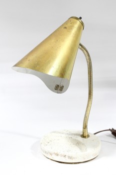 Lighting, Lamp, DESK, VINTAGE CONICAL BRASS COLOURED SHADE, FLEXIBLE GOOSENECK, ROUND SPECKLED MERCURY GLASS STYLE BASE, METAL, BRASS