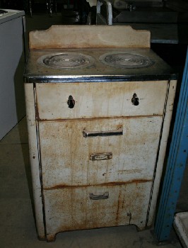 Appliance, Stove, VINTAGE SMALL SUITE STOVE,CHROME TOP,2 COIL BURNERS & OVEN, AGED/RUSTY , METAL, CREAM