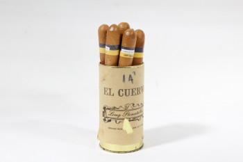 Decorative, Smoking, VINTAGE "EL CUERVO" TIN, DRESSED W/7 FAKE CIGARS (GLUED IN), METAL, TAN
