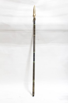 Weapon, Spear, 7FT EGYPTIAN SPEAR, GOLD COLOURED END W/SCARAB BEETLES, PAINTED POLE W/HIEROGLYPHICS, RESIN, BLACK