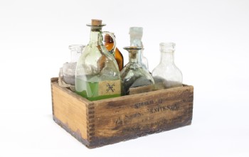 Decorative, Dressed Box, OLD BOTTLES GLUED INTO SMALL WOOD CRATE, ASSORTED HEIGHTS (TALLEST 10.5"), WOOD, BROWN