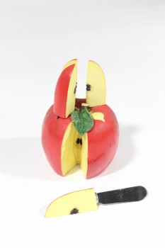 Decorative, Fruit/Veg, RED APPLE HOLDER FOR 4 SMALL KNIVES, UTENSIL SET, PLASTIC, RED