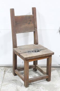 Chair, Rustic , HOMEMADE, VERY AGED, DISTRESSED, WEATHERED, BURN HOLE IN SEAT, WOOD, BROWN