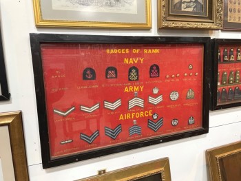 Wall Dec, Shadow Box, CLEARABLE, WORLD WAR 2, "BADGES OF RANK - ARMY NAVY AIRFORCE," HANDMADE, STITCHED LABELS INCL OFFICER, SEAMAN, CORPORAL, SERGEANT, MAJOR, ETC., 3 ROWS OF BADGES, SHOULDER BADGES, CROWNS, CHEVRONS, STRIPES, BRASS BUTTONS, ORIGINAL ANTIQUE DISPLAY CASE W/BLACK FRAME, WOOD, BLACK