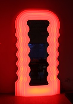 Mirror, Standing, WAVY EDGE, CURVACEOUS, IN THE STYLE OF ULTRAFRAGOLA (1970) BY ETTORE SOTTSASS FOR POLTRONOVA, SQUIGGLY, PLAYFUL, OPALINE PLASTIC, ILLUMINATES MULTIPLE COLOURS INCL SOFT PINK, REMOTE CONTROLS (INCLUDED) & OPERATES VIA APP, PLASTIC, WHITE