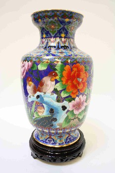 Vase, Ceramic, CLOISONNE, BIRD & FLORAL W/WOOD STAND, PORCELAIN, MULTI-COLORED