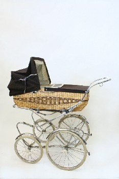 Baby, Misc, VINTAGE PRAM, CARRIAGE, STROLLER W/BROWN FABRIC COVER & METAL FRAME, OLD STYLE, WICKER, BROWN