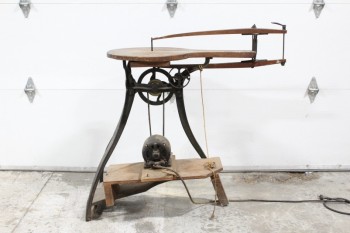 Tool, Saw , ANTIQUE JIG SAW, WOOD PLATFORM, FRAME & IRON BASE W/FOOT PEDAL, SMALL MOTOR ADDED, WOOD, BROWN