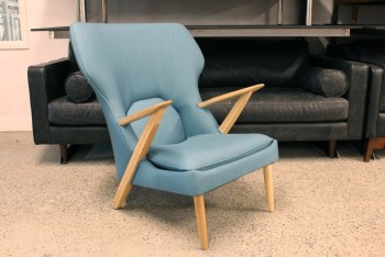 Chair, Lounge, MODERN, HIGH WING BACK, ANGLED WOOD ARMS, WOOD LEGS - Matching Ottoman Available, FABRIC, BLUE