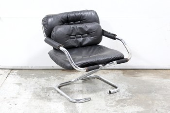 Chair, Armchair, TUBULAR CHROME FRAME & ARMS, BLACK CUSHIONS W/3 RECTANGULAR BUTTONS (1 CUSHION IS REMOVEABLE) , VINYL, BLACK