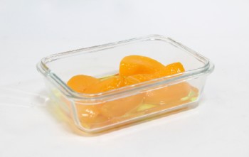 Food, Produce (Fake) , FAKE FOOD, REALISTIC SLICED FRUIT IN GLASS CONTAINER, PEACHES IN SYRUP OR SIMILAR, PLASTIC, ORANGE