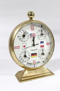 Clock, Misc, ROUND FACE, SHOWING WORLD TIME ZONES & FLAGS, PARIS GERMANY TOKYO NEW YORK, ROMAN NUMERALS, VINTAGE, METAL, BRASS