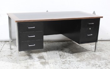 Desk, Metal, DOUBLE PEDESTAL W/5 DRAWERS, CHROME LEGS, BLACK LAMINATE TOP W/BROWN BORDER, USED, METAL, BLACK
