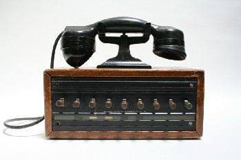 Phone, Intercom, OLD STYLE, PLASTIC HANDSET ON BOX W/9 SWITCHES, WOOD, BLACK