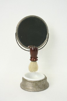Mirror, Vanity, STAND W/MEN'S SHAVING BRUSH, HOLDER & DISH, METAL, MULTI-COLORED