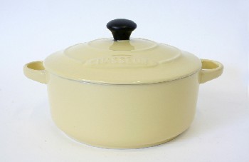Cookware, Dish, ROUND DUTCH OVEN, SIDE HANDLES, LID W/BLACK HANDLE, CERAMIC, YELLOW