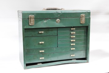 Cabinet, Garage, TOOL BOX W/PARTS DRAWERS, TOP HANDLE, AGED/DENTED, HEAVY, METAL, GREEN