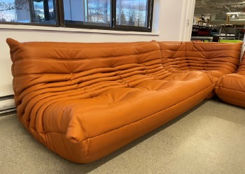 Sofa, Three Seat, SOFA PIECE TO SECTIONAL LOUNGE SET, ARMLESS, CREASED / QUILTED / TUFTED / PLEATED, LOW SLUNG, PILLOW-LIKE, CURVED, ERGONOMIC, NO HARD POINTS, IN THE STYLE OF MICHEL DUCAROY'S TOGO FOR LIGNE ROSET, LEATHER, BROWN