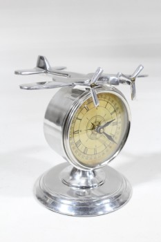 Clock, Misc, VINTAGE STYLE, ROUND FACE W/ROMAN NUMERALS, AIRPLANE, ROUND BASE, METAL, SILVER