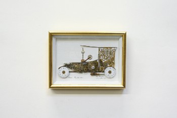 Wall Dec, Misc, CLEARABLE, OLD FASHIONED CAR MADE OUT OF WATCH PARTS, GOLD FRAME, METAL, MULTI-COLORED