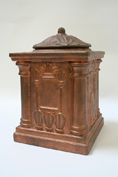 Vase, Urn, CREMATION / MEMORIAL / FUNERAL, ASHES, URN W/COLUMN CORNERS, ARCHITECTURAL LOOK, LEAVES ON LID, IRON, COPPER