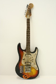 Music, String, GUITAR, ELECTRIC, W/STICKERS & SIGNATURES, AGED, USED, WOOD, MULTI-COLORED