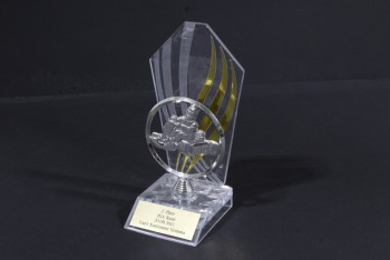 Trophy, Motorsports, RACECAR IN CIRCLE, GOLD STRIPES, Not Identical To Photo, PLASTIC, CLEAR