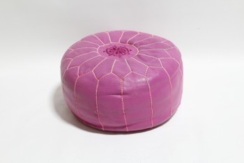Ottoman, Pouf, FUCHSIA MOROCCAN STYLE POUFFE, HASSOCK, EMBROIDERED STARBURST, FOOT REST, LEATHER, PINK