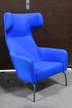 Chair, Armchair, HIGH WING BACK, CONTEMPORARY MODERN LOUNGER, LACQUERED GREY METAL LEGS, MADE IN DENMARK, FABRIC, BLUE