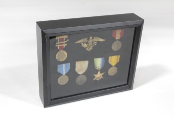 Wall Dec, Shadow Box, CLEARED, 5 ROUND & 1 STAR SHAPED MEDALS W/RIBBONS, ASSORTED INCL SERVICE & DEFENSE, INSIGNIA DISPLAY, BLACK FRAME & BACKING, METAL, MULTI-COLORED