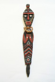 Statuary, Misc, FLAT CARVED RED/BLACK & WHITE TRIBESMAN W/GRASS NECKLACE, WOOD, MULTI-COLORED