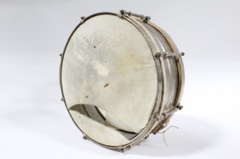 Music, Drum, VINTAGE SNARE DRUM W/CHAINS & RIPPED SKINS (BOTH SIDES), AGED, DISTRESSED, METAL, SILVER