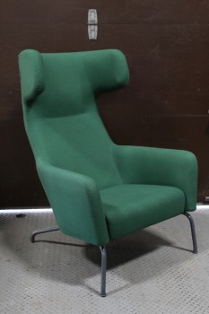 Chair, Armchair, HIGH WING BACK, CONTEMPORARY MODERN LOUNGER, LACQUERED GREY METAL LEGS, MADE IN DENMARK, FABRIC, GREEN