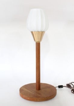 Lighting, Lamp, VINTAGE TABLE LAMP, TEAK POST & ROUND BASE, INCLUDES WHITE FLUTED GLASS GLOBE (ATTACHED), WOOD, BROWN