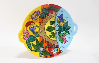 Decorative, Plate, PLATTER, COLOURFULLY PAINTED, MEXICAN / SPANISH TALAVERA STYLE, HANDLES, SUN, ANIMALS, PLANTS, CERAMIC, MULTI-COLORED