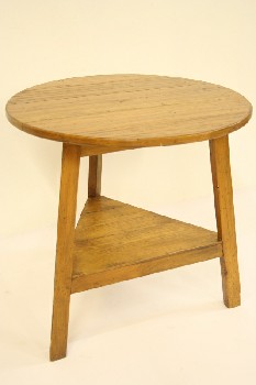 Table, Side, PINE, ROUND TOP, 3 LEGS W/TRIANGLE LOWER SHELF, VINTAGE, WOOD, BROWN