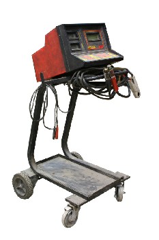 Cart, Garage, AUTO SHOP / MECHANIC, BATTERY TESTER W/RED & YELLOW BUTTONS ON BLACK STAND, CABLES, ROLLING, USED, PLASTIC, BLACK