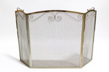 Fireplace, Screen, FIRE GUARD, 3 MESH PANELS, 2 SIDE HANDLES, CURLED PIECES, AGED, METAL, BRASS