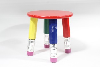 Stool, Stepstool, SMALL STEPSTOOL, PENCIL LEGS IN PRIMARY COLOURS, RED ROUND SEAT, WOOD, MULTI-COLORED