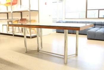 Table, Misc, MODERN, RECTANGULAR GLASS TOP OVER BROWN WOOD SURFACE, CONNECTED TUBULAR CHROME LEGS, METAL, BROWN