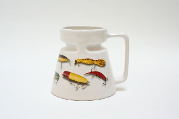 Drinkware, Mug, COFFEE MUG, TAPERED, COLOURED IMAGES OF FISHING LURES, CERAMIC, WHITE