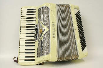 Music, Accordion, SILVER METAL ACCENTS,W/LEATHER STRAP, PLASTIC, OFFWHITE