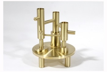Candles, Holder, BRUSHED SOLID BRASS,ROUND FOOTED BASE, 3 HOLDERS AT DIFFERENT HEIGHTS, ALSO A PAPERWEIGHT , METAL, BRASS